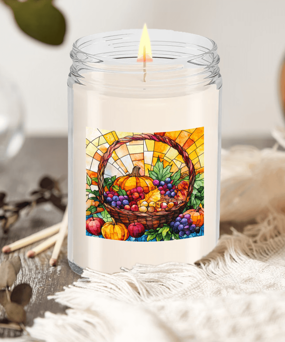 Bountiful Fall Fruit Basket - Stained Glass Soy Scented Container Jar Candle - Mallard Moon Gift Shop