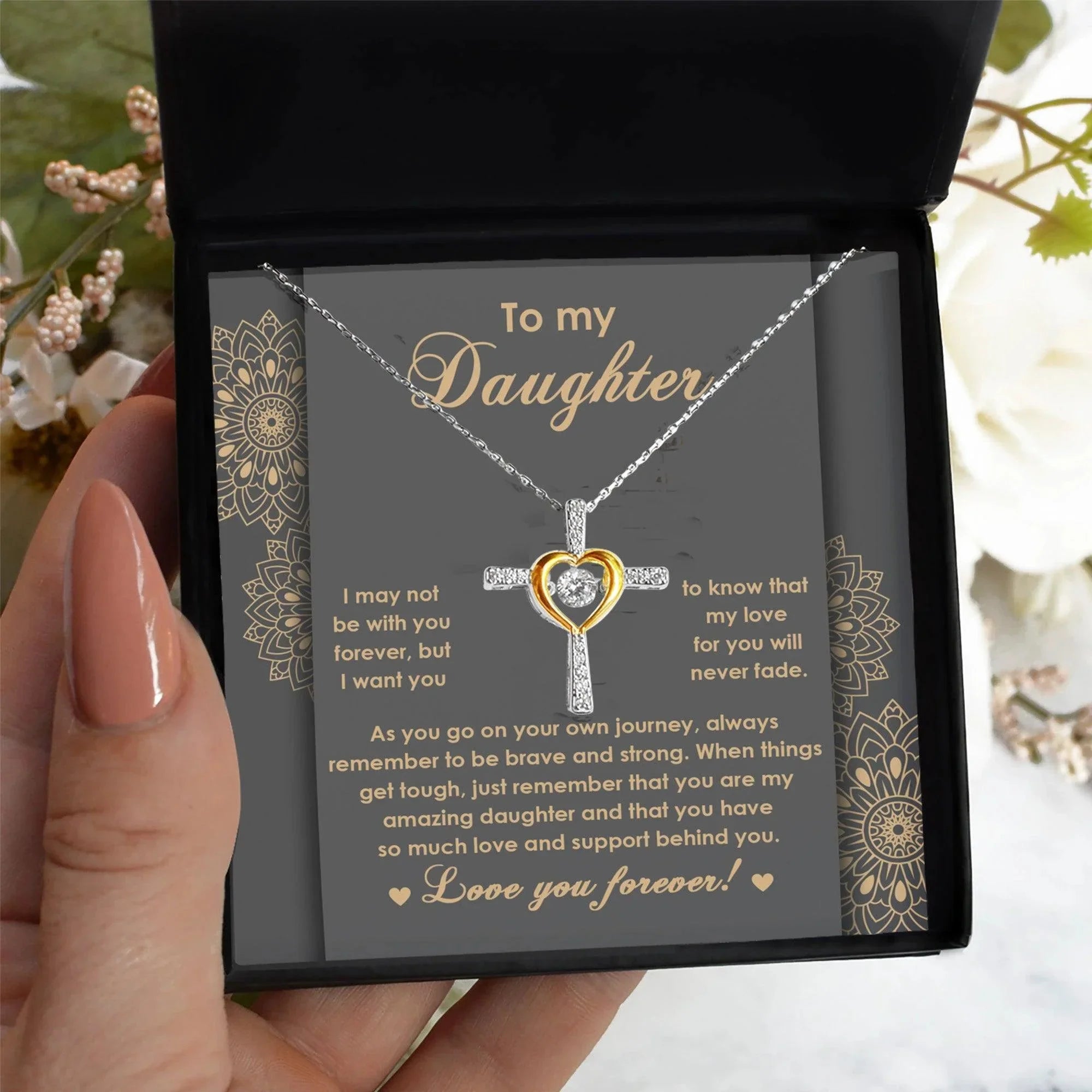 Daughter Gift for Birthday, Christmas, Graduation Inspirational Brave and Strong Cross Pendant Necklace