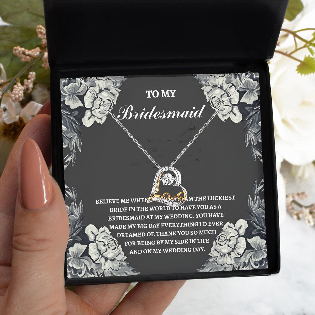 Bridesmaid Wedding Day Gift - The Luckiest Bride - Love Dancing Heart Pendant Necklace - Mallard Moon Gift Shop