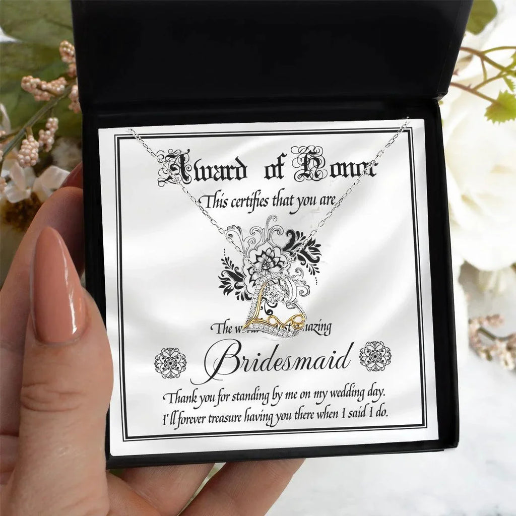 Bridesmaid Wedding Day Gift - Award Of Honor Thank You Card with Love Dancing Heart Pendant Necklace