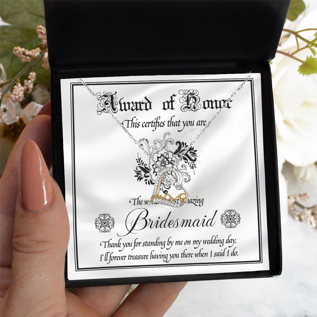 Bridesmaid Wedding Day Gift - Award Of Honor Thank You Card with Love Dancing Heart Pendant Necklace - Mallard Moon Gift Shop