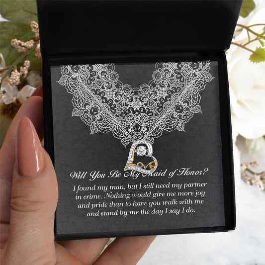 Maid of Honor Wedding Proposal Gift - Partner In Crime - Love Dancing Heart Pendant Necklace - Mallard Moon Gift Shop