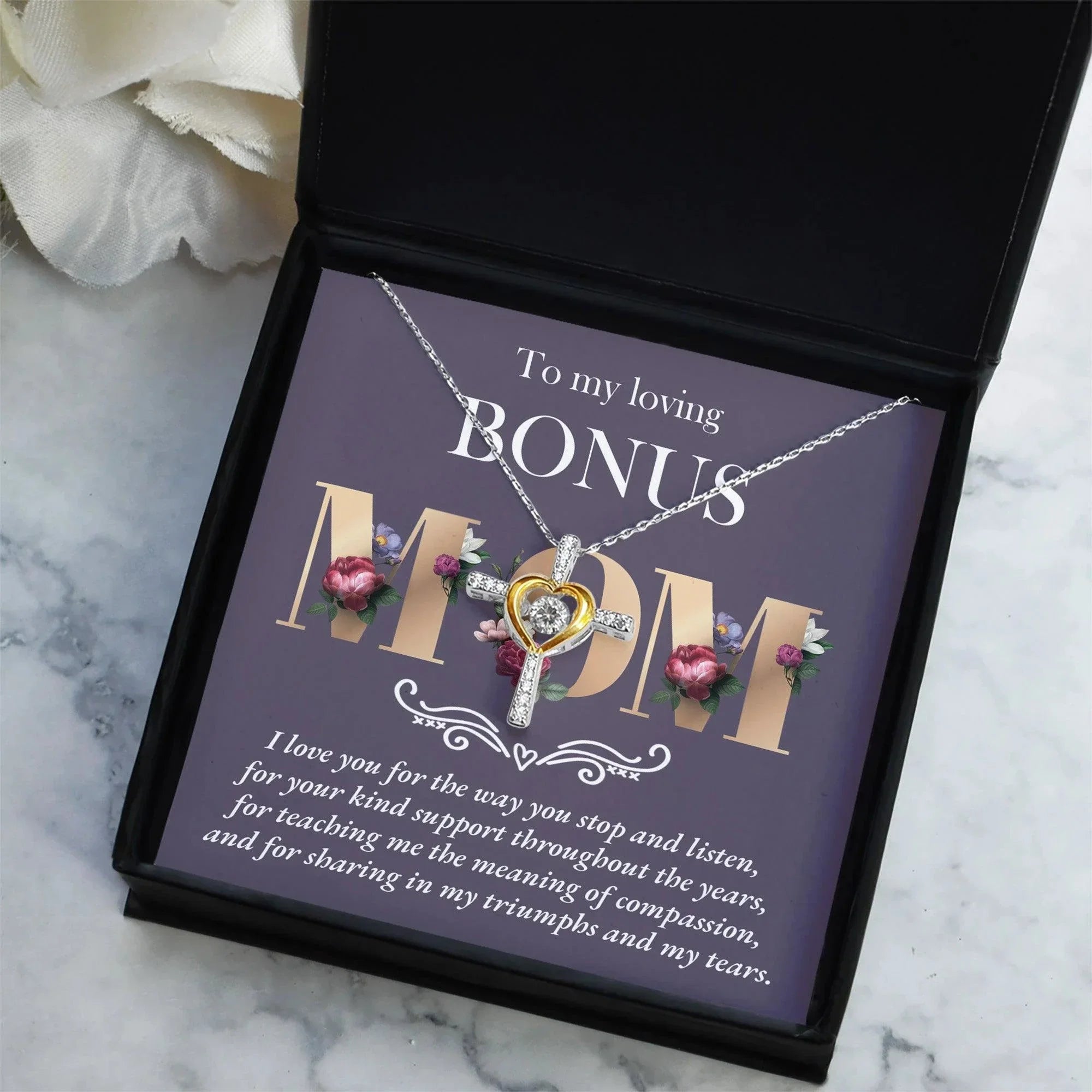 Bonus Mom Cross Pendant Necklace Thank You for Your Kindness Throughout the Years