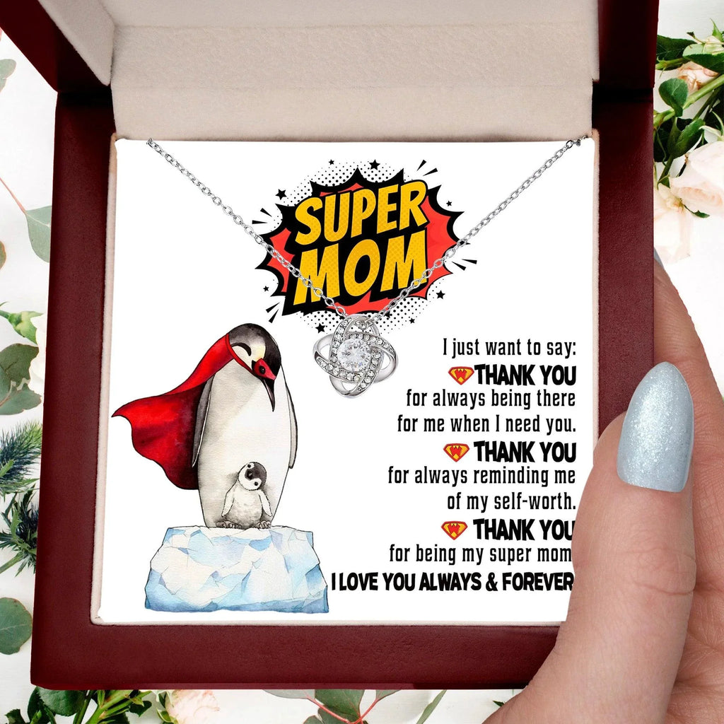 Mom - Thank You for Being My Super Mom Love Knot Necklace Mother's Day, Birthday Gift for Mom