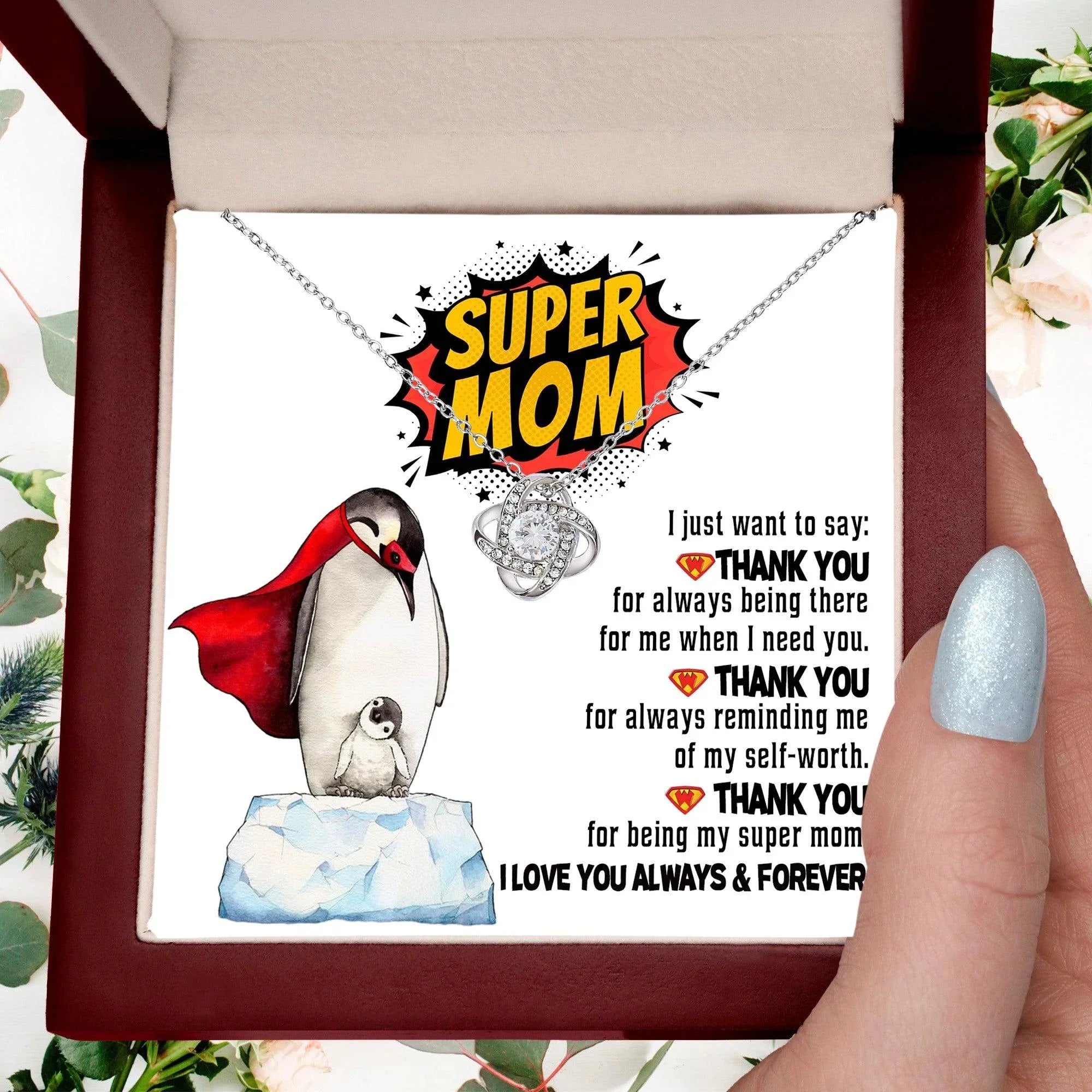 Mom - Thank You for Being My Super Mom Love Knot Necklace Mother's Day, Birthday Gift for Mom