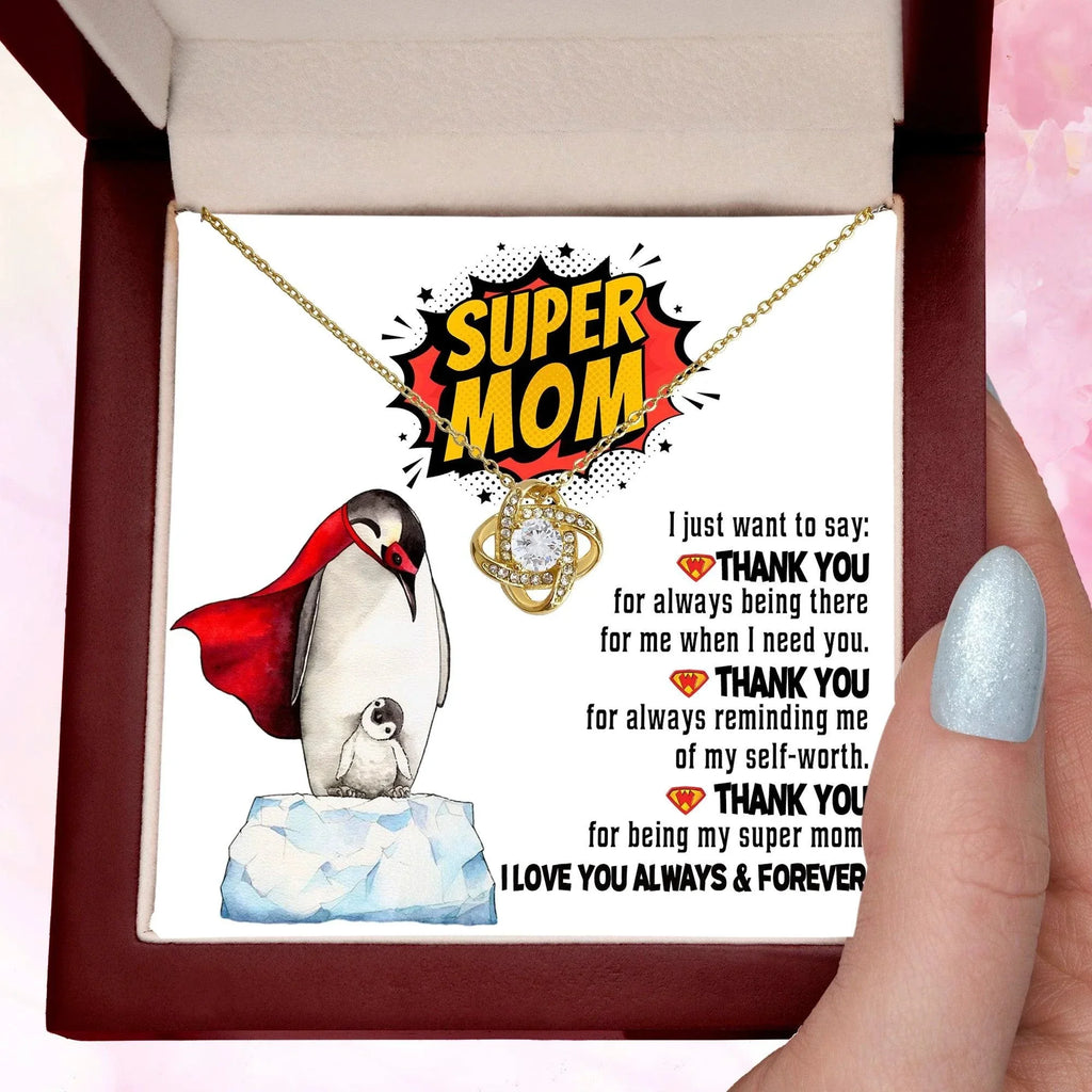 Mom - Thank You for Being My Super Mom Love Knot Necklace Mother's Day, Birthday Gift for Mom