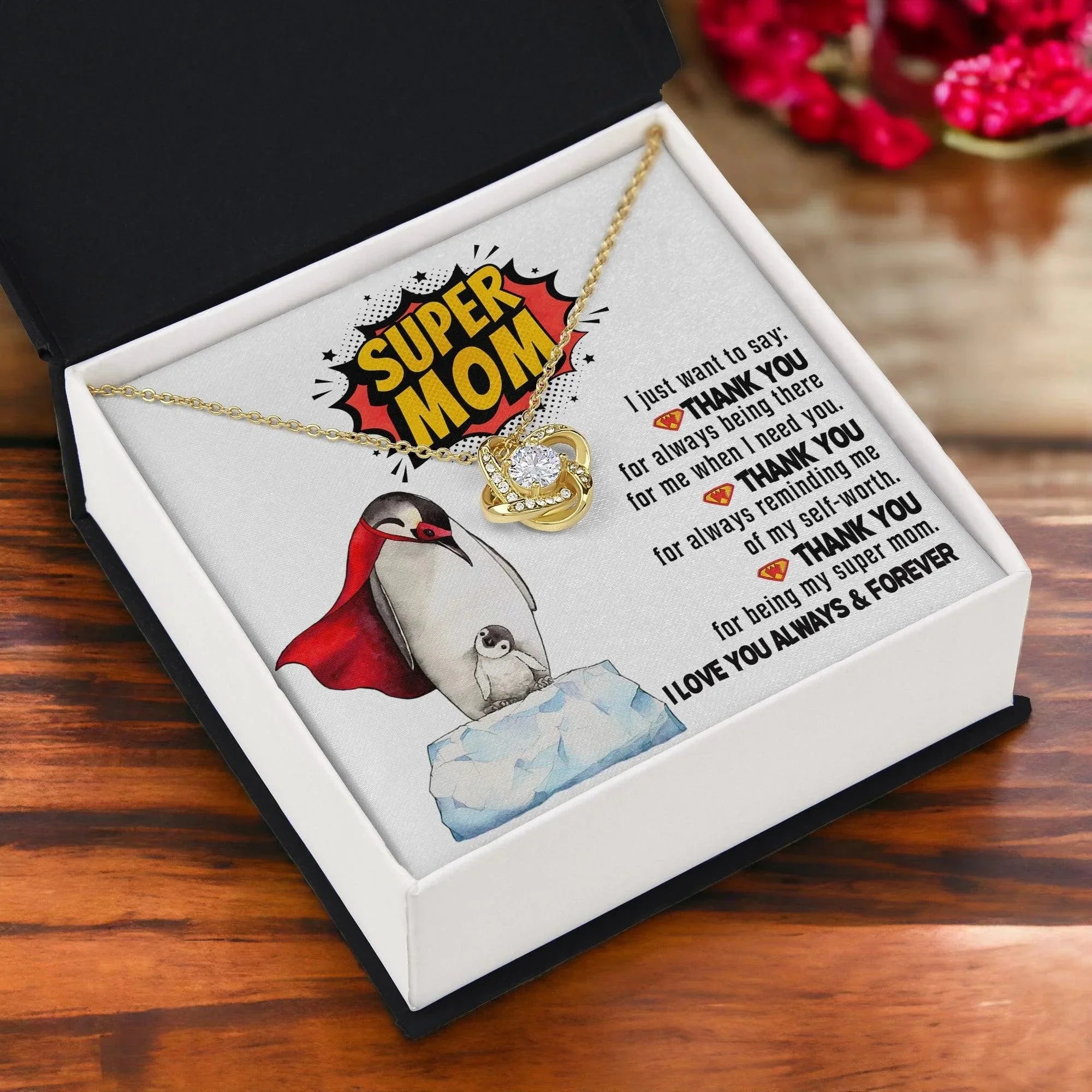 Mom - Thank You for Being My Super Mom Love Knot Necklace Mother's Day, Birthday Gift for Mom