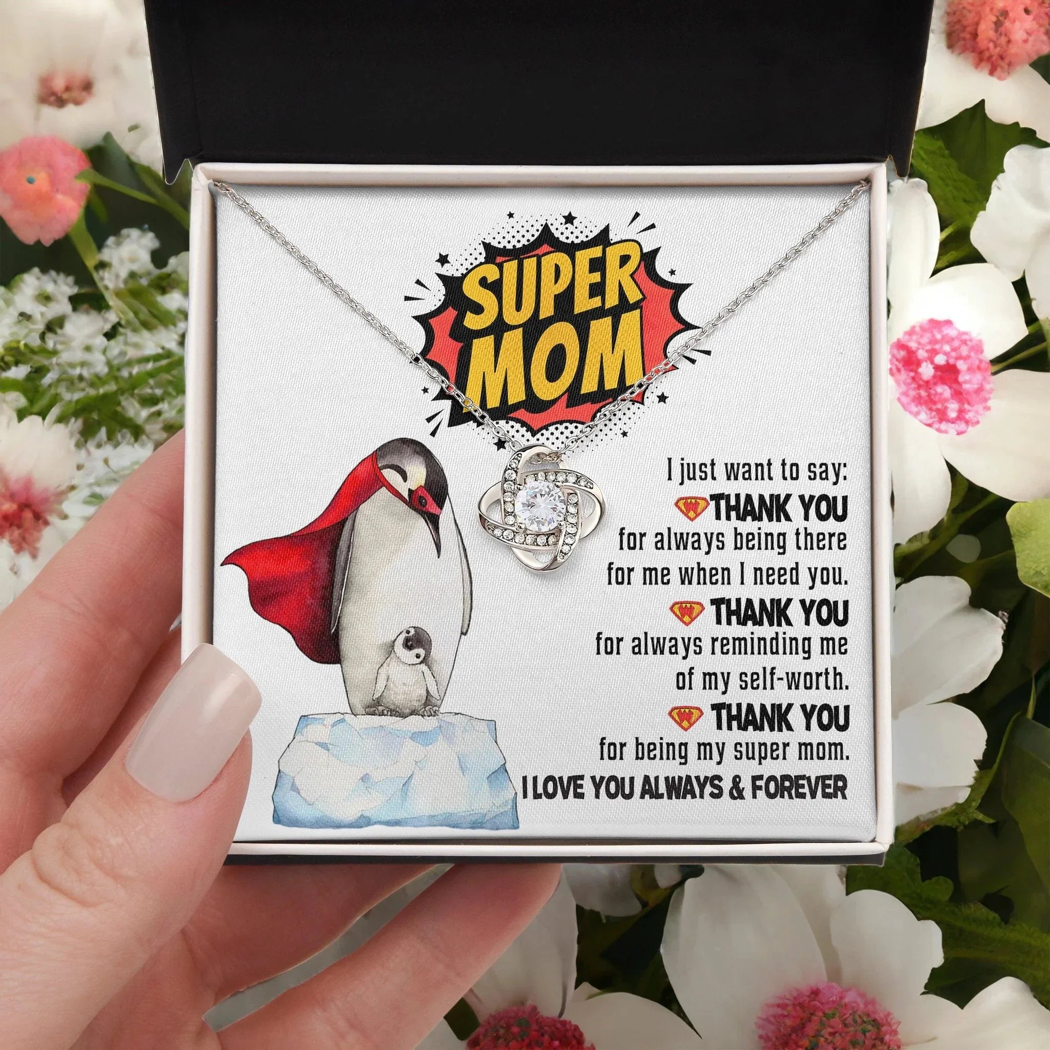 Mom - Thank You for Being My Super Mom Love Knot Necklace Mother's Day, Birthday Gift for Mom