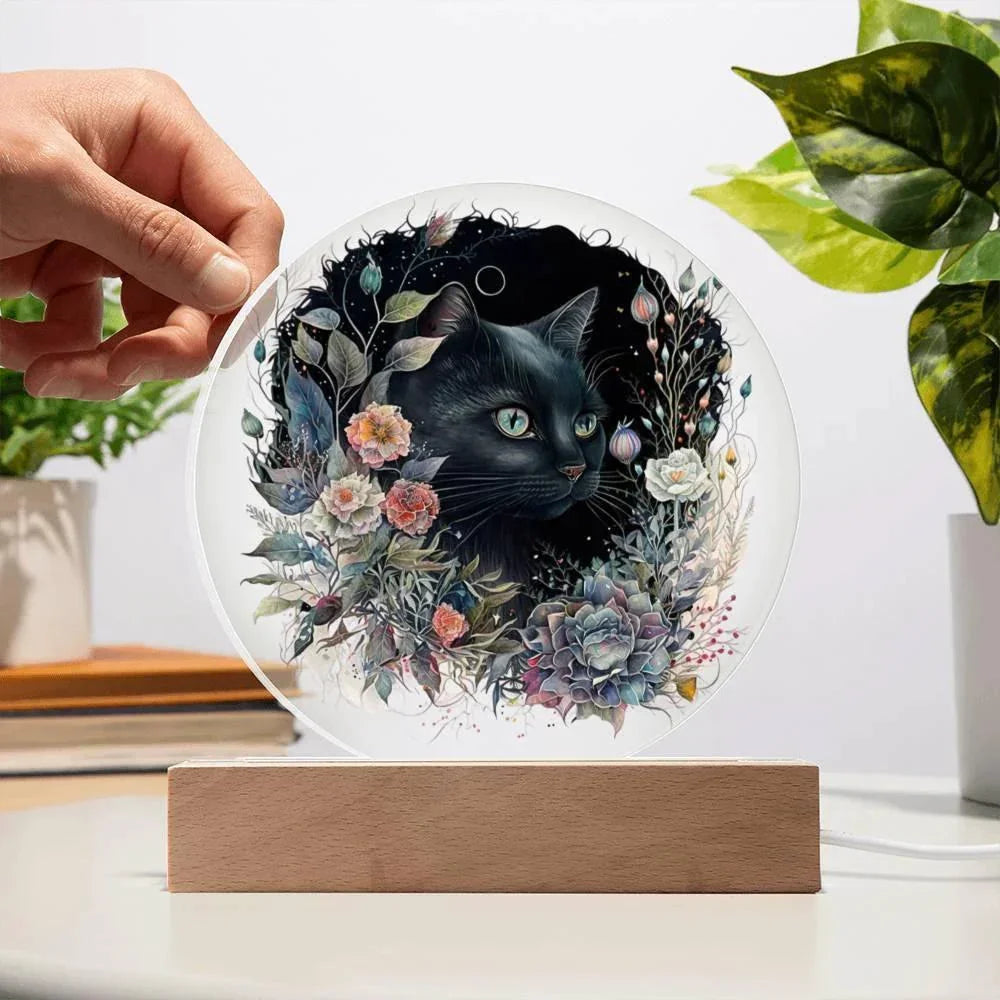 Moonlit Mystery: Black Cat Acrylic Plaque Showcase