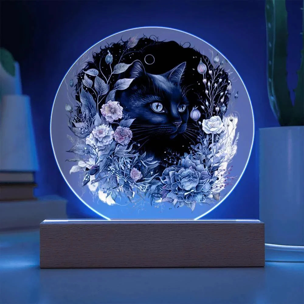 Moonlit Mystery: Black Cat Acrylic Plaque Showcase