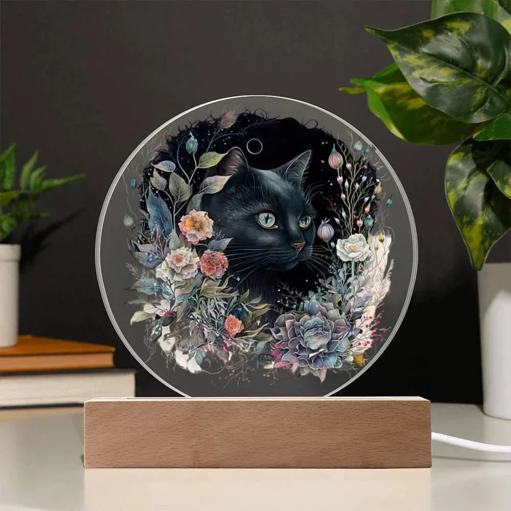 Moonlit Mystery: Black Cat Acrylic Plaque Showcase