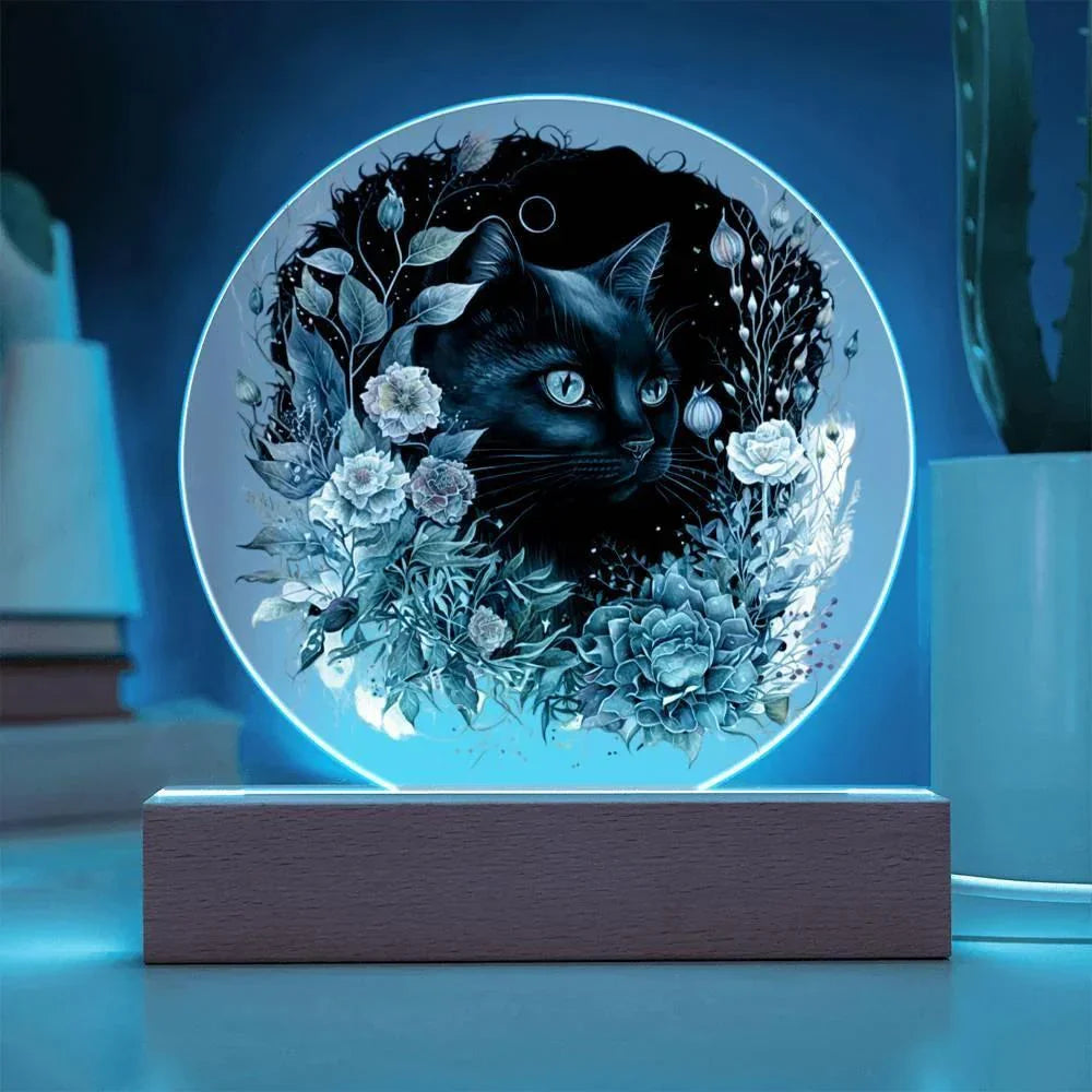 Moonlit Mystery: Black Cat Acrylic Plaque Showcase
