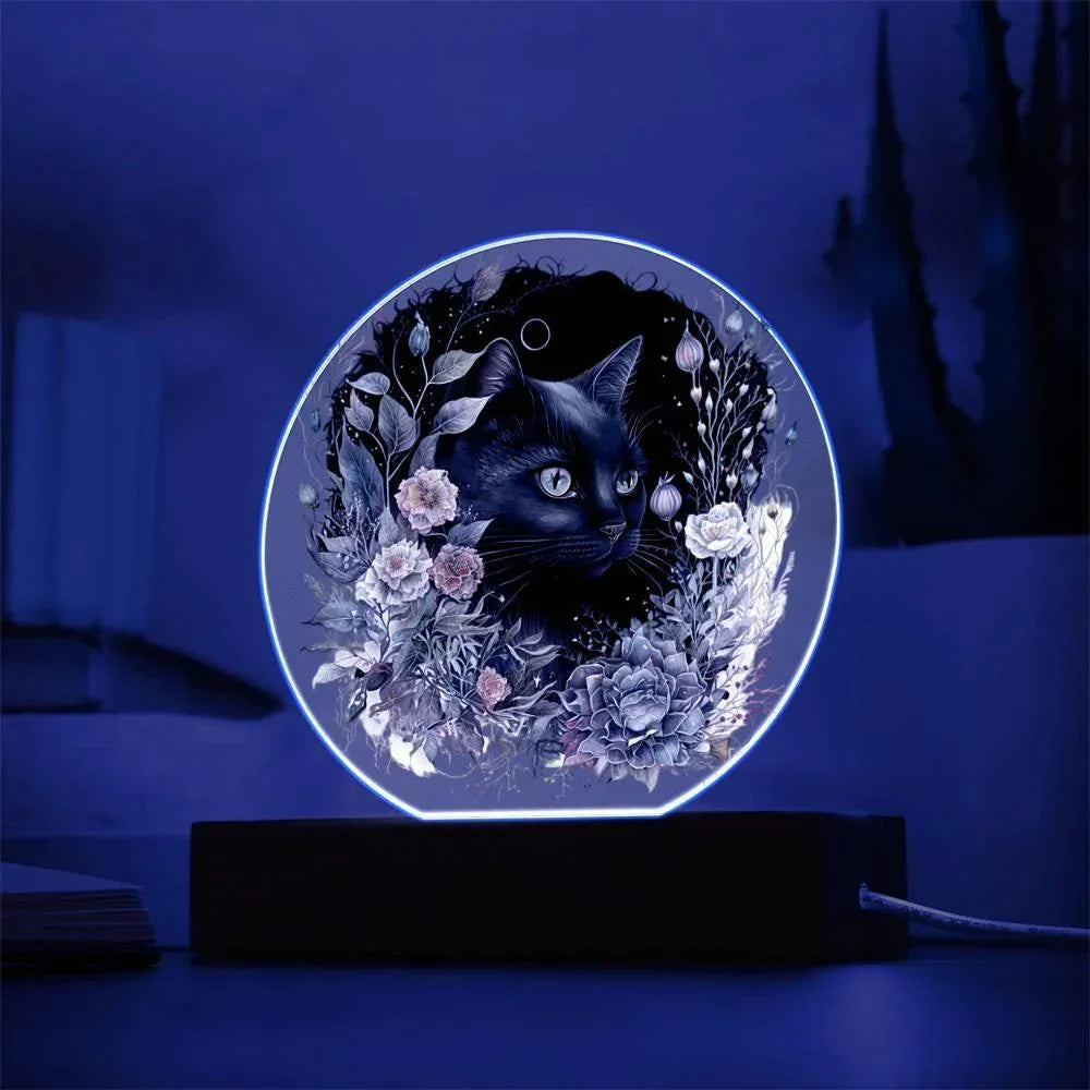 Moonlit Mystery: Black Cat Acrylic Plaque Showcase