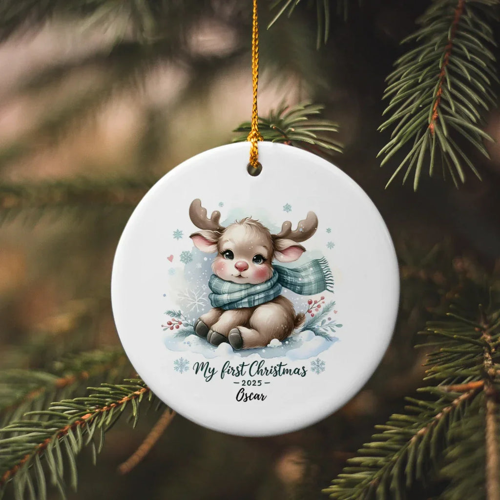 My First Christmas 2025 Moose Ornament – Baby’s First Christmas Keepsake, Cute Newborn Gift, Durable MDF Ornament with Gold Cord