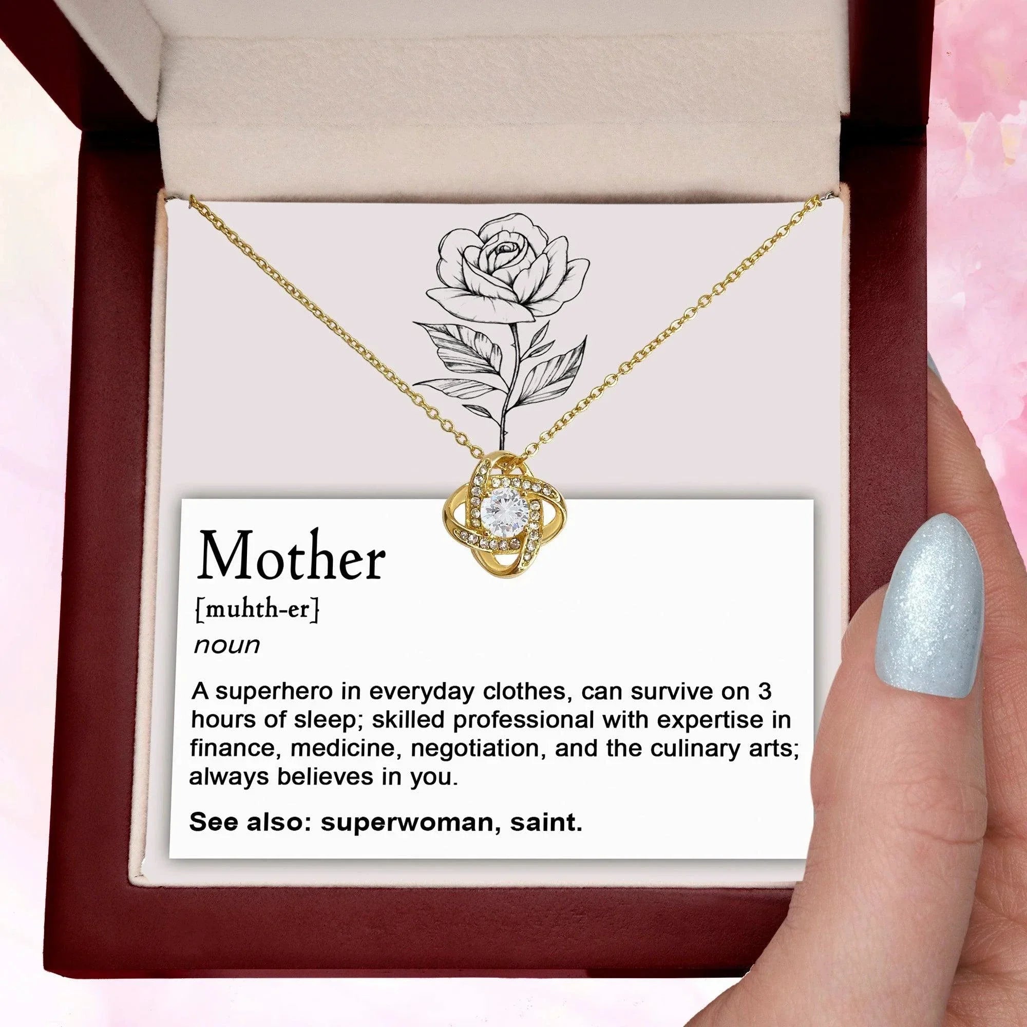 Mother, Definition - Superhero, Saint Love Knot Necklace Mother's Day, Birthday Gift for Mom
