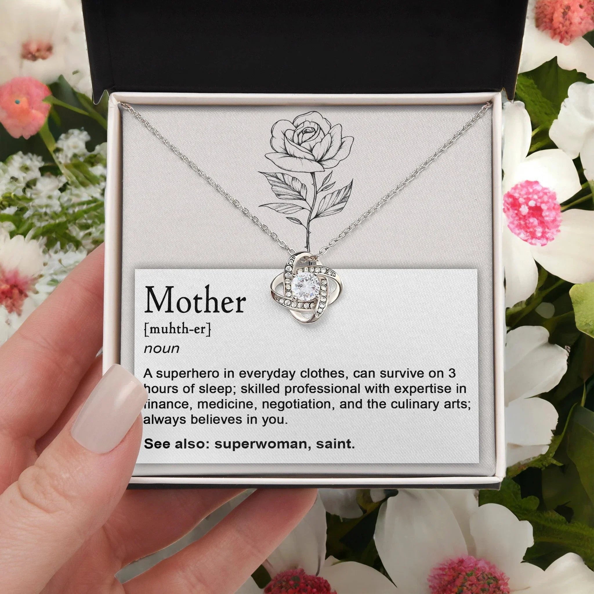 Mother, Definition - Superhero, Saint Love Knot Necklace Mother's Day, Birthday Gift for Mom