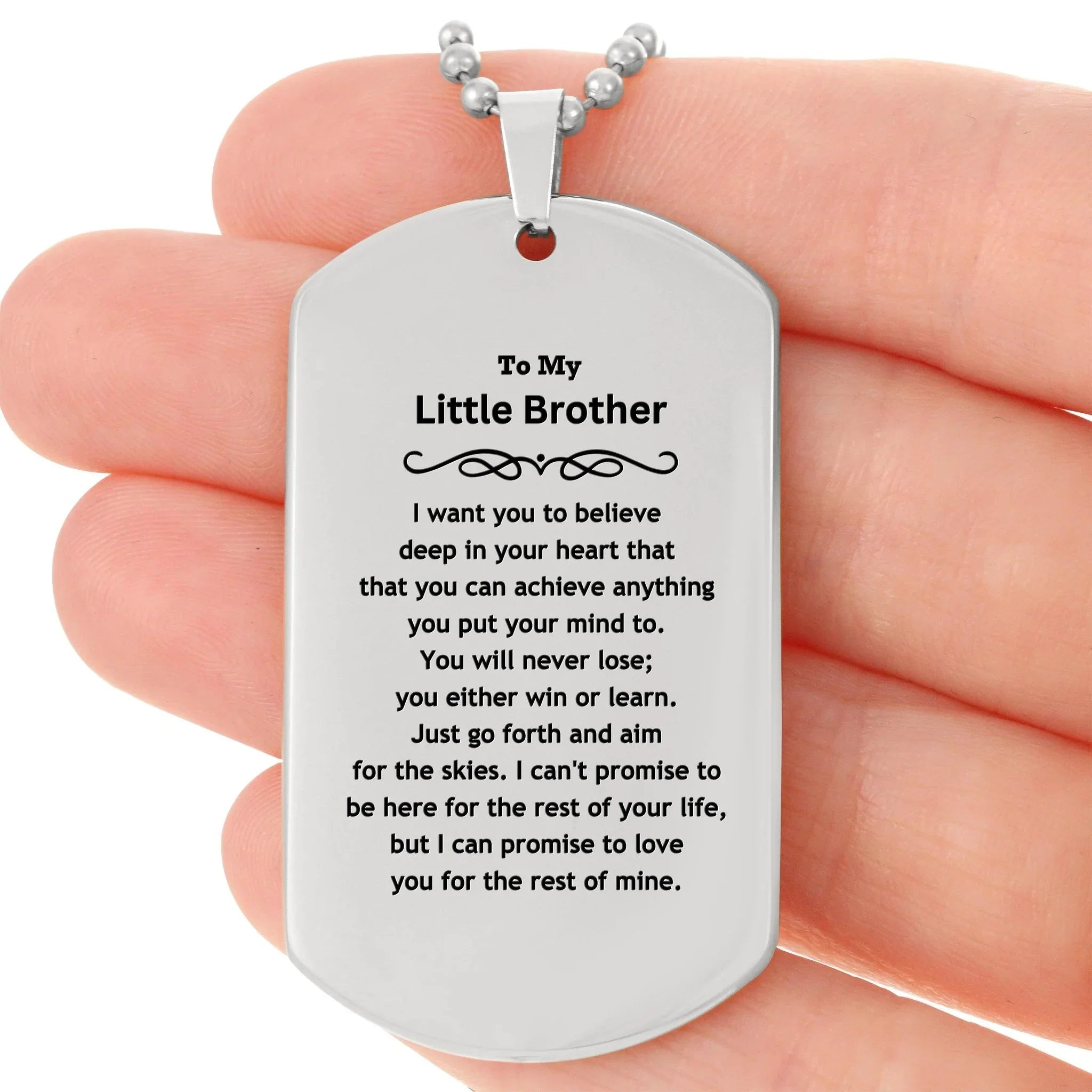 Motivational Little Brother Silver Dog Tag Engraved Necklace, I can promise to love you for the rest of my life, Birthday Christmas Jewelry Gift