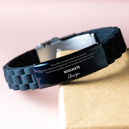 Motivational Soulmate Engraved Black Glidelock Clasp Bracelet - Always follow your dreams, never forget how amazing you are- Birthday, Christmas Holiday Gifts - Mallard Moon Gift Shop