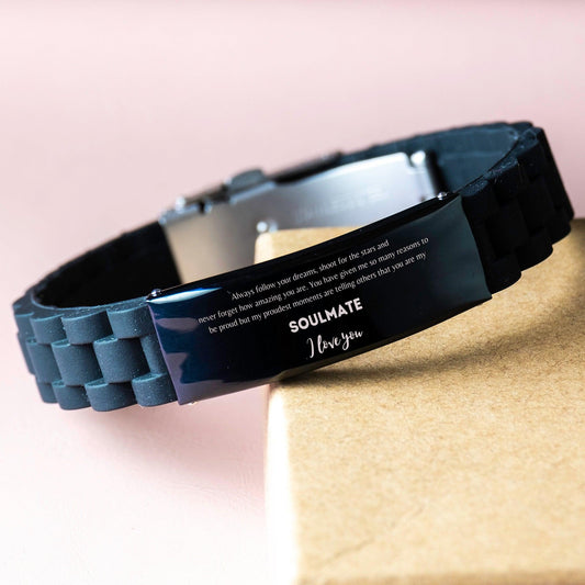 Motivational Soulmate Engraved Black Glidelock Clasp Bracelet - Always follow your dreams, never forget how amazing you are- Birthday, Christmas Holiday Gifts - Mallard Moon Gift Shop