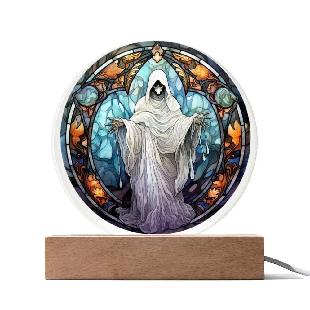 Mystical Spirit Halloween Stained Glass Acrylic Plaque with LED Lighted Wood Base