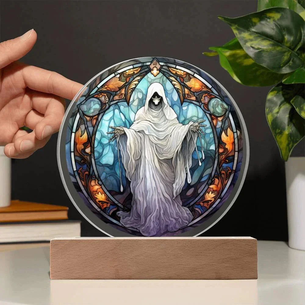 Mystical Spirit Halloween Stained Glass Acrylic Plaque with LED Lighted Wood Base