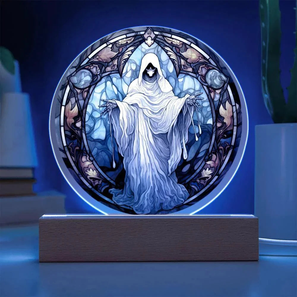 Mystical Spirit Halloween Stained Glass Acrylic Plaque with LED Lighted Wood Base