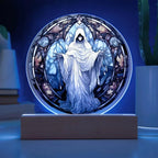 Mystical Spirit Halloween Stained Glass Acrylic Plaque with LED Lighted Wood Base