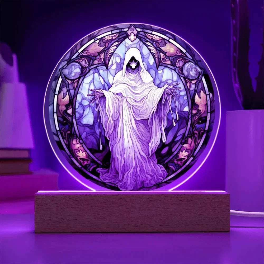 Mystical Spirit Halloween Stained Glass Acrylic Plaque with LED Lighted Wood Base