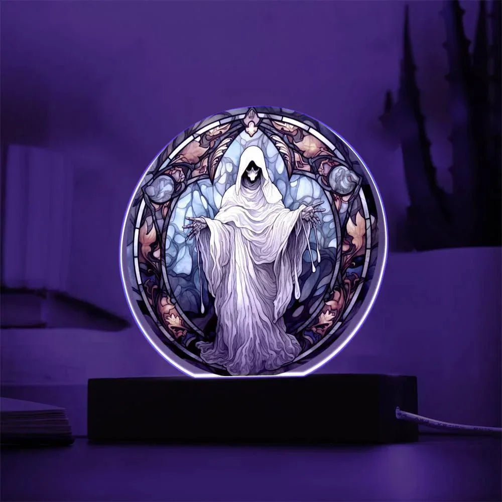 Mystical Spirit Halloween Stained Glass Acrylic Plaque with LED Lighted Wood Base