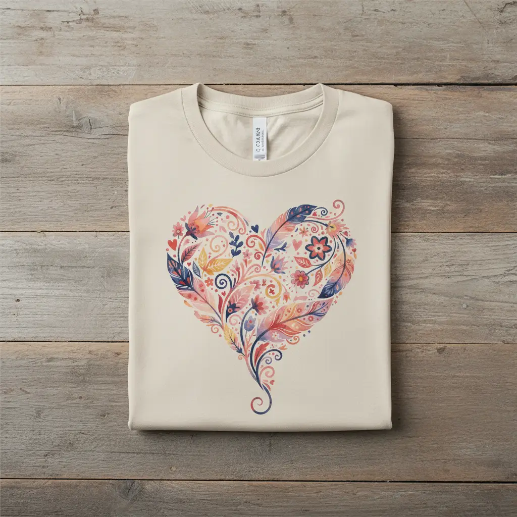 Floral Heart Graphic Tee — Boho Feather & Flower Design - Mallard Moon