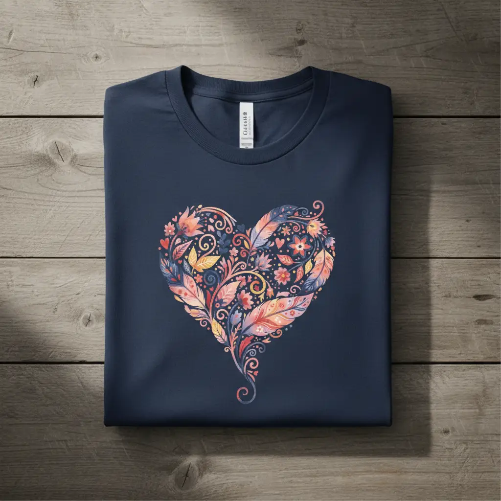 Floral Heart Graphic Tee — Boho Feather & Flower Design - Mallard Moon