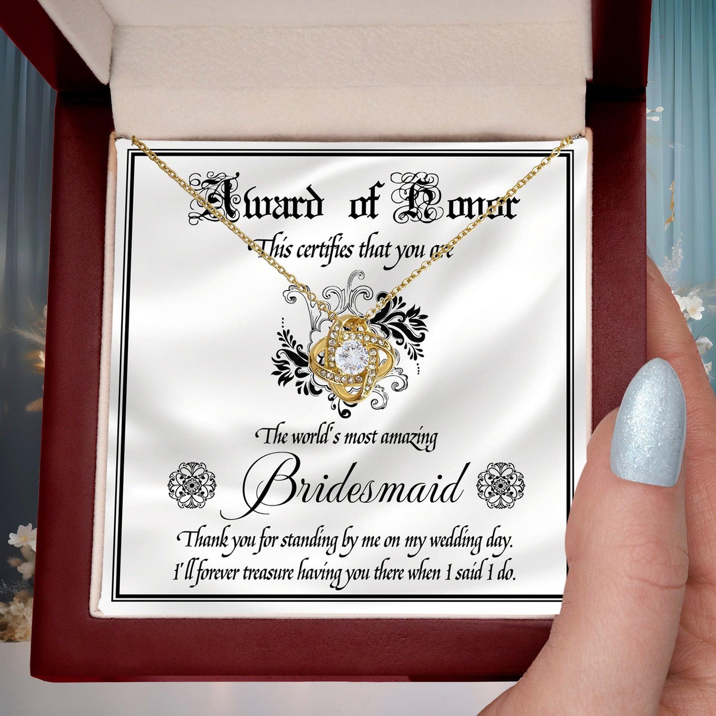 Bridesmaid Wedding Day Gift - Award Of Honor Thank You Card with Love Knot Pendant Necklace - Mallard Moon Gift Shop