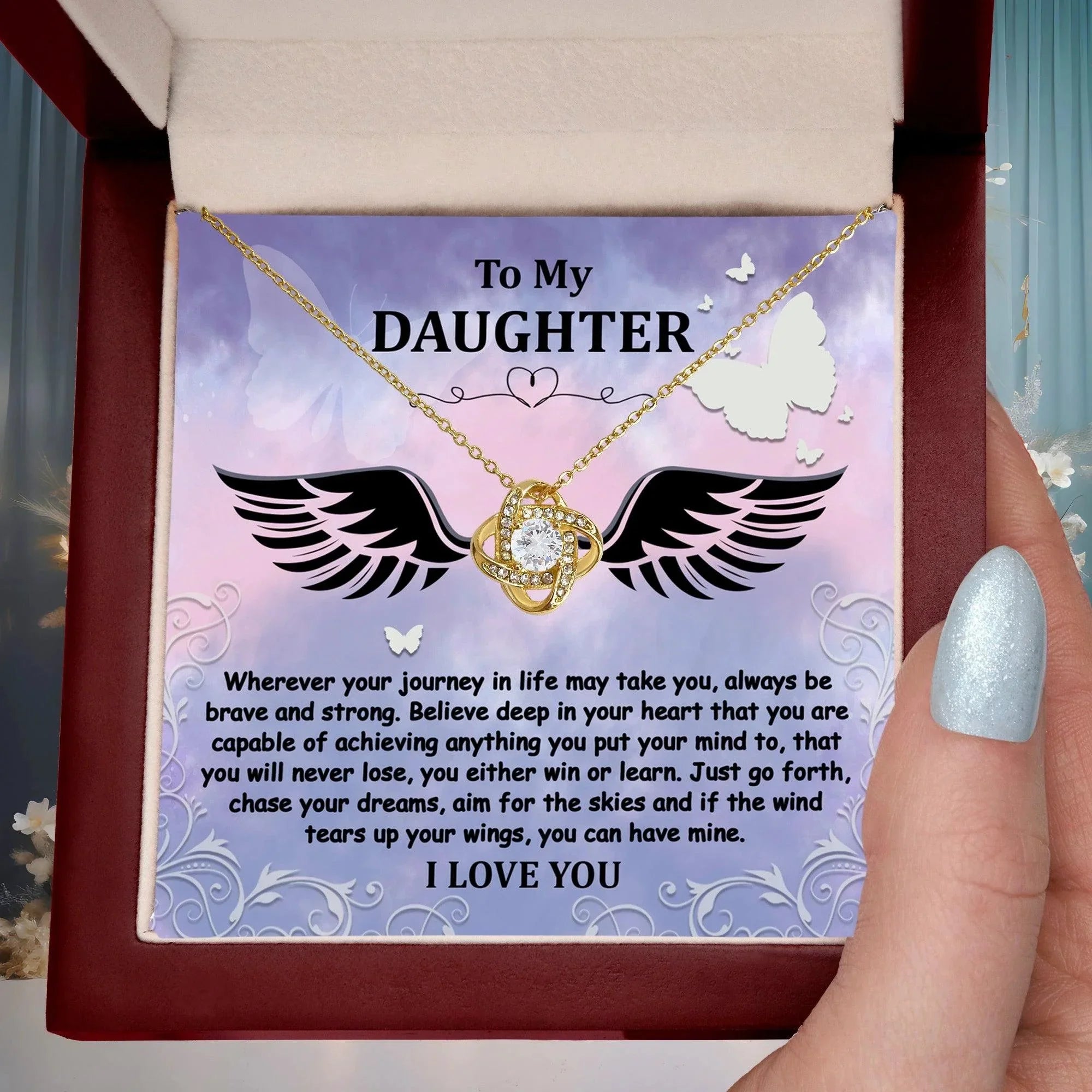Daughter Gift for Birthday, Christmas, Graduation - Brave And Strong - Love Knot Pendant Necklace