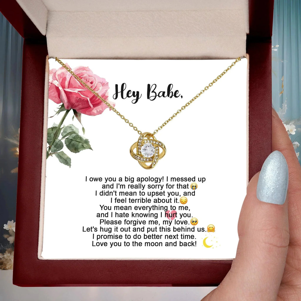 Hey Babe – I’m Sorry Love Knot Necklace | Heartfelt Apology Gift for Partner with Message Card