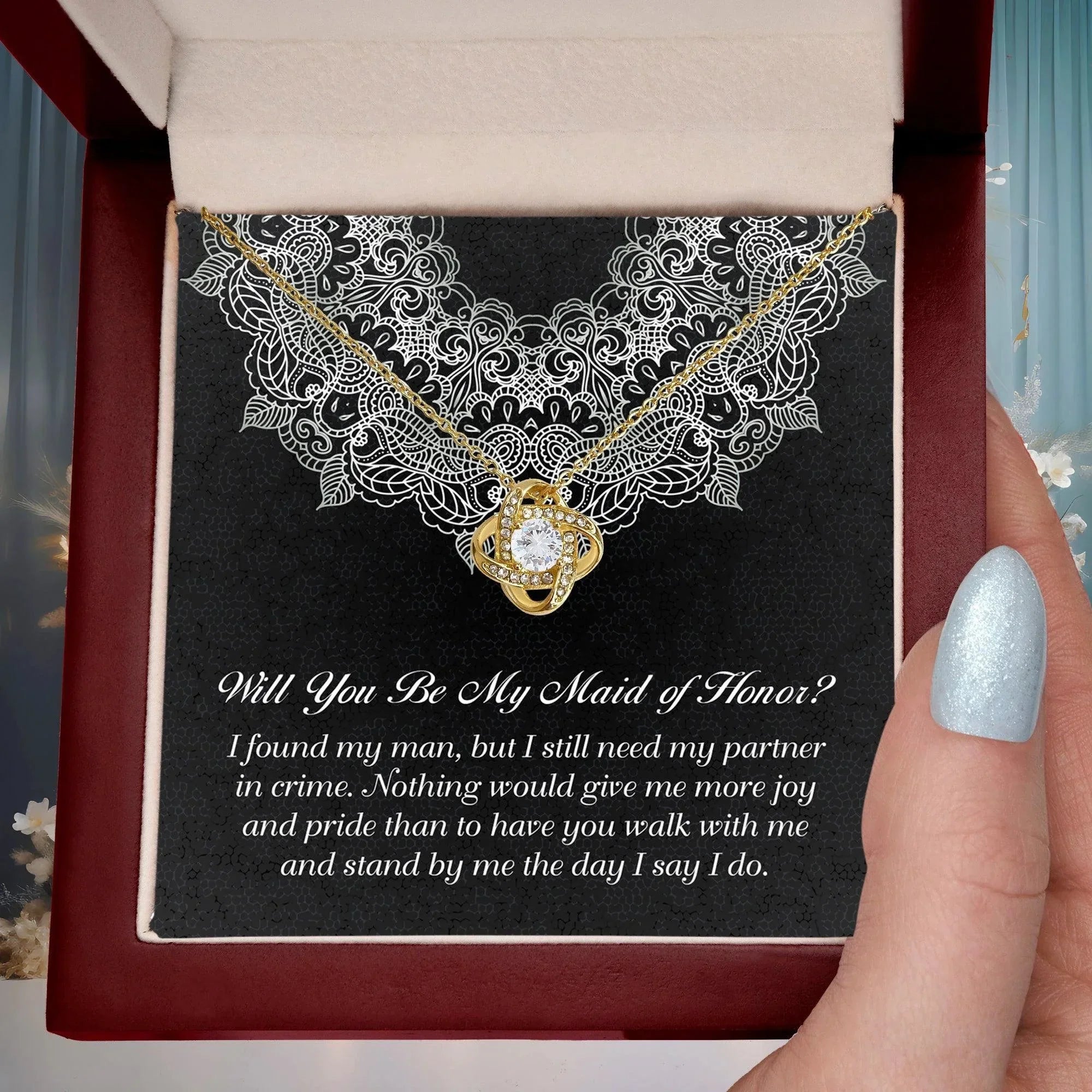 Maid of Honor Wedding Proposal Gift - Partner In Crime - Love Knot Pendant Necklace