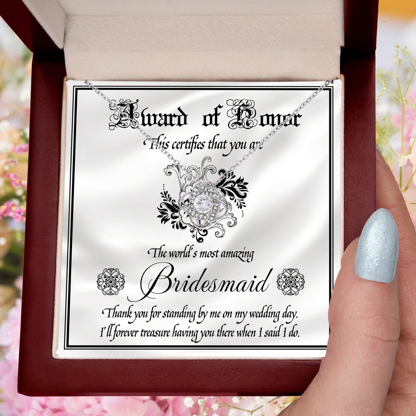 Bridesmaid Wedding Day Gift - Award Of Honor Thank You Card with Love Knot Pendant Necklace - Mallard Moon Gift Shop