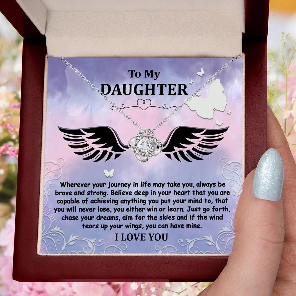 Daughter Gift for Birthday, Christmas, Graduation - Brave And Strong - Love Knot Pendant Necklace