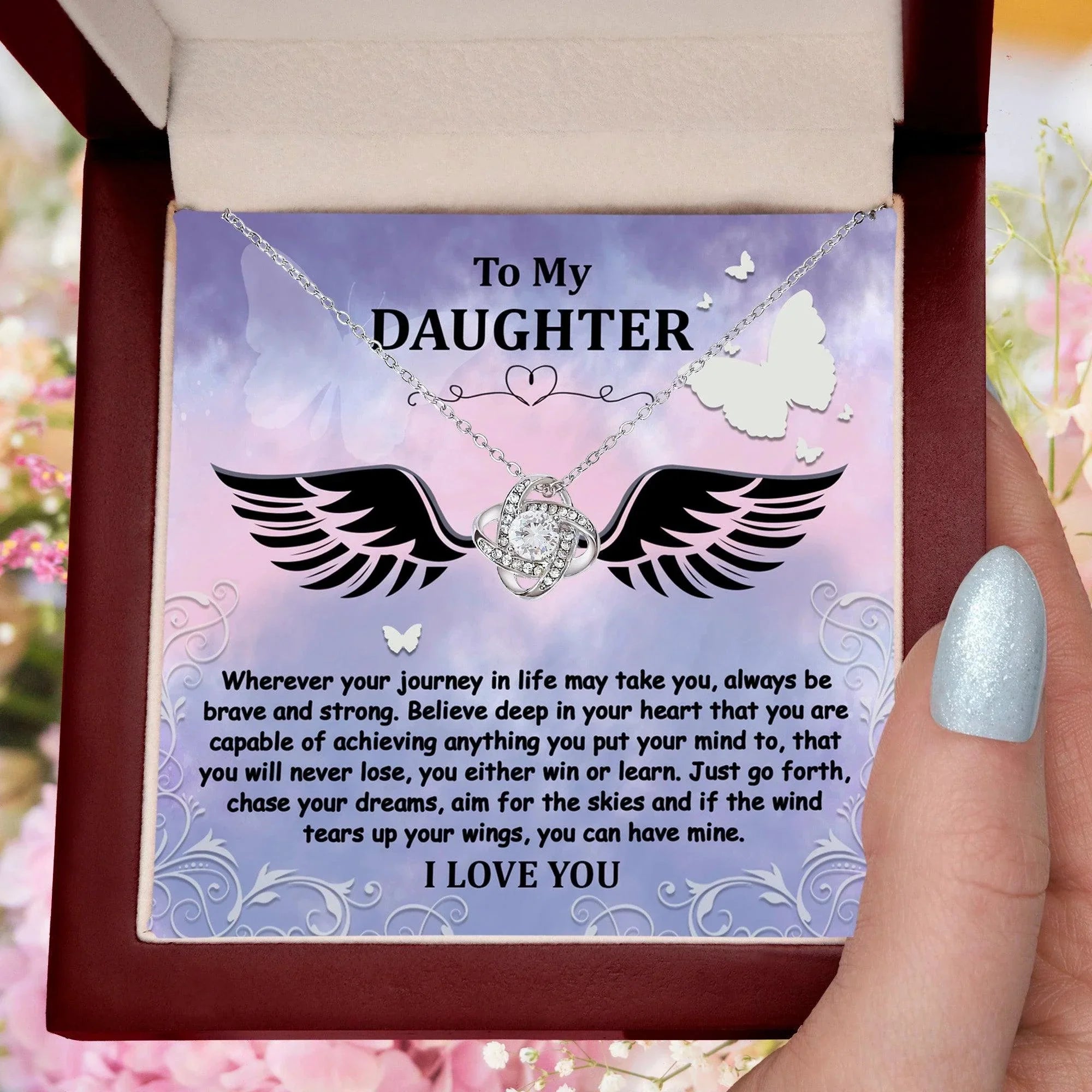Daughter Gift for Birthday, Christmas, Graduation - Brave And Strong - Love Knot Pendant Necklace