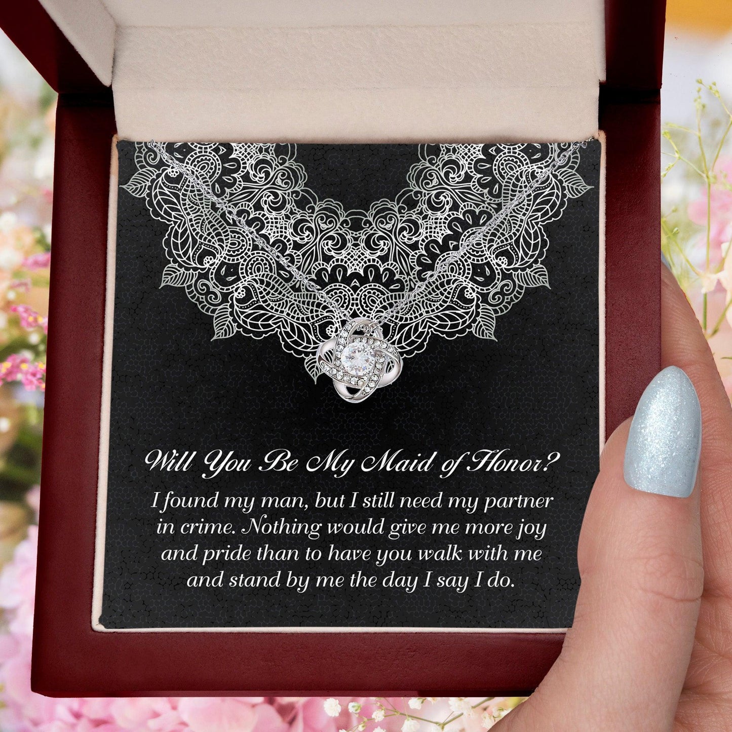 Maid of Honor Wedding Proposal Gift - Partner In Crime - Love Knot Pendant Necklace - Mallard Moon Gift Shop