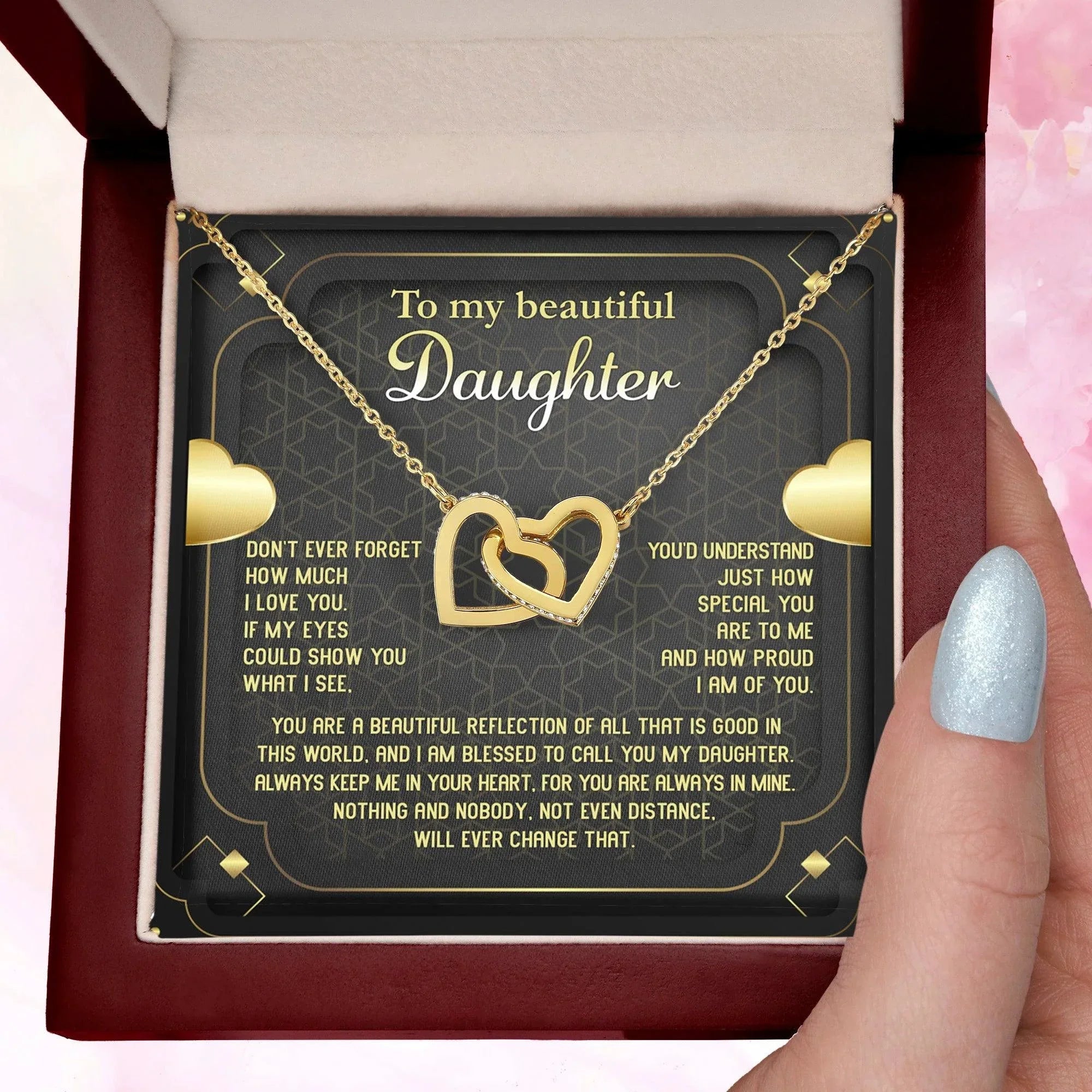 Daughter Gift for Birthday, Christmas, Graduation - Proud of You - Beautiful Reflection - Interlocking Hearts Necklace