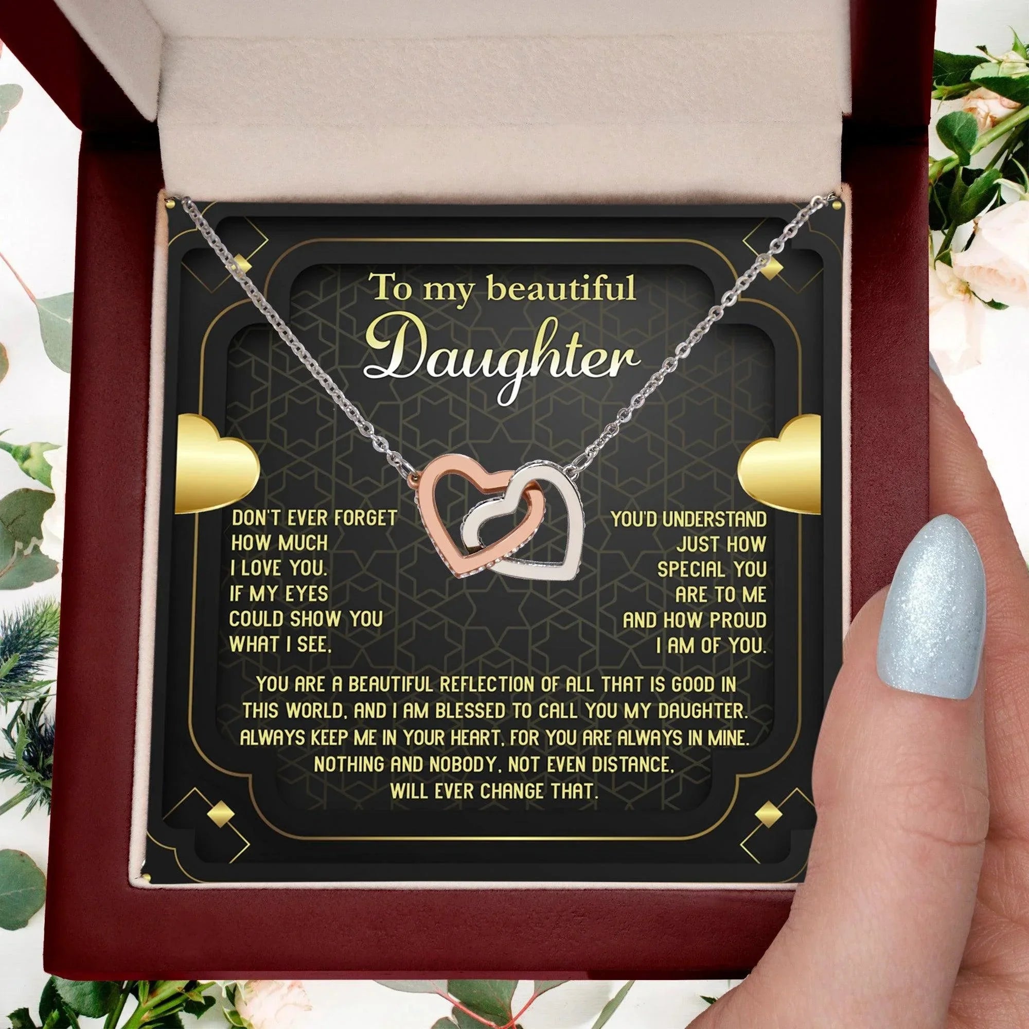 Daughter Gift for Birthday, Christmas, Graduation - Proud of You - Beautiful Reflection - Interlocking Hearts Necklace