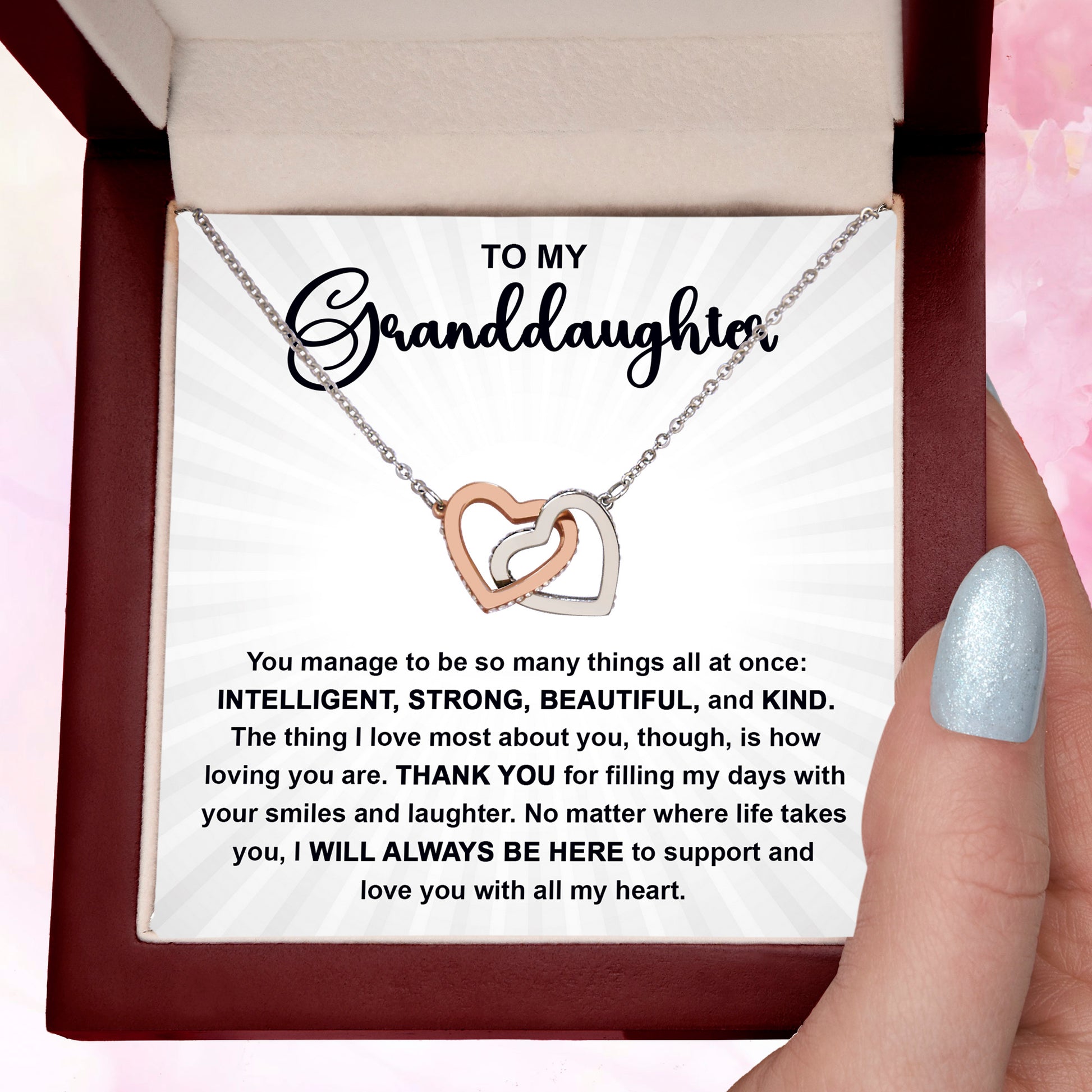 To My Granddaughter Interlocking Hearts Necklace – Intelligent, Strong, Beautiful & Kind Message Card | Heartfelt Gift from Grandma or Grandpa - Mallard Moon Gift Shop