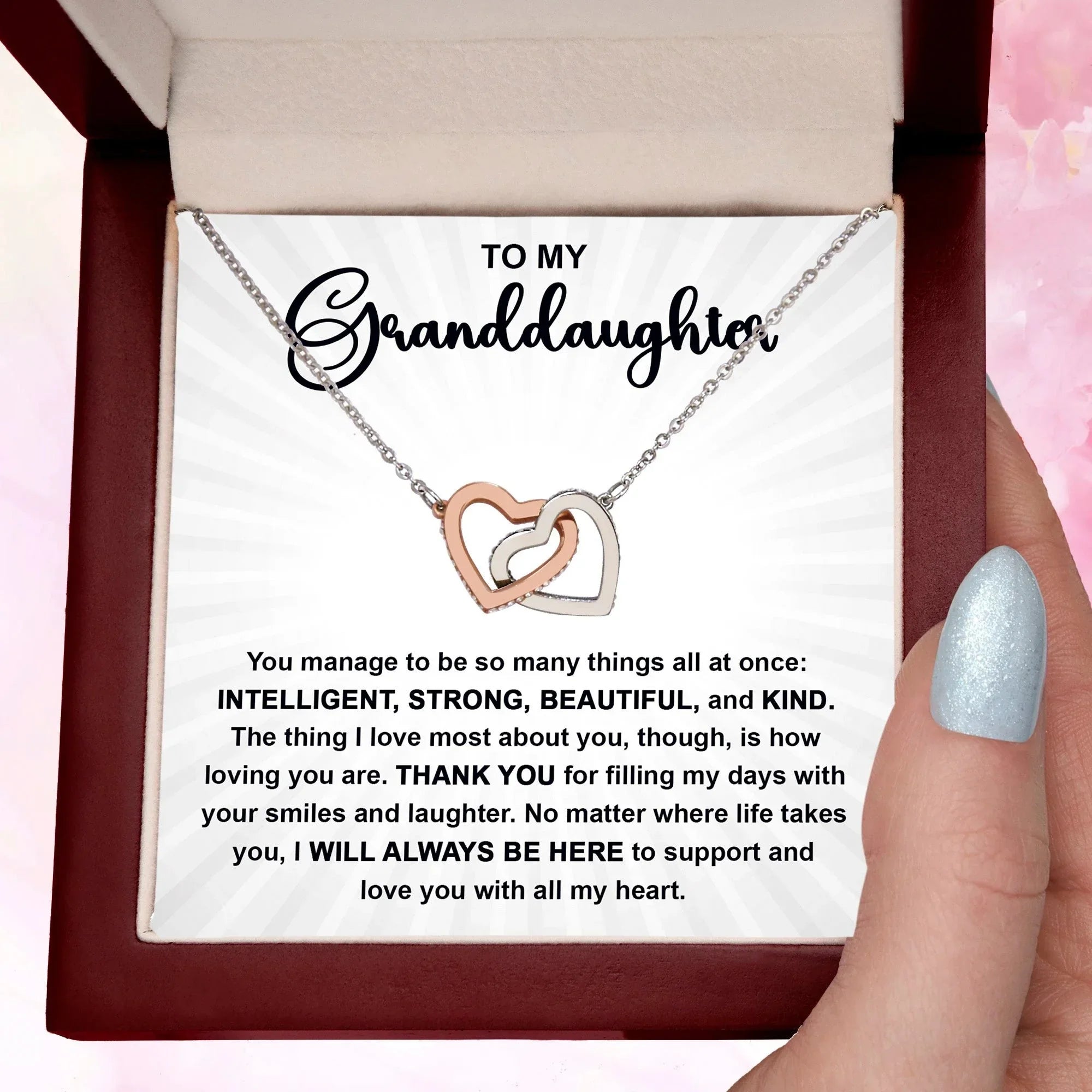 To My Granddaughter Interlocking Hearts Necklace – Intelligent, Strong, Beautiful & Kind Message Card | Heartfelt Gift