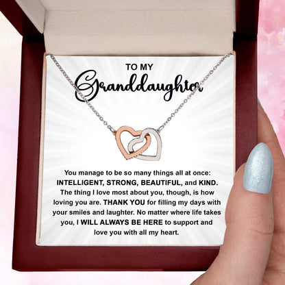 To My Granddaughter Interlocking Hearts Necklace – Intelligent, Strong, Beautiful & Kind Message Card | Heartfelt Gift from Grandma or Grandpa - Mallard Moon Gift Shop