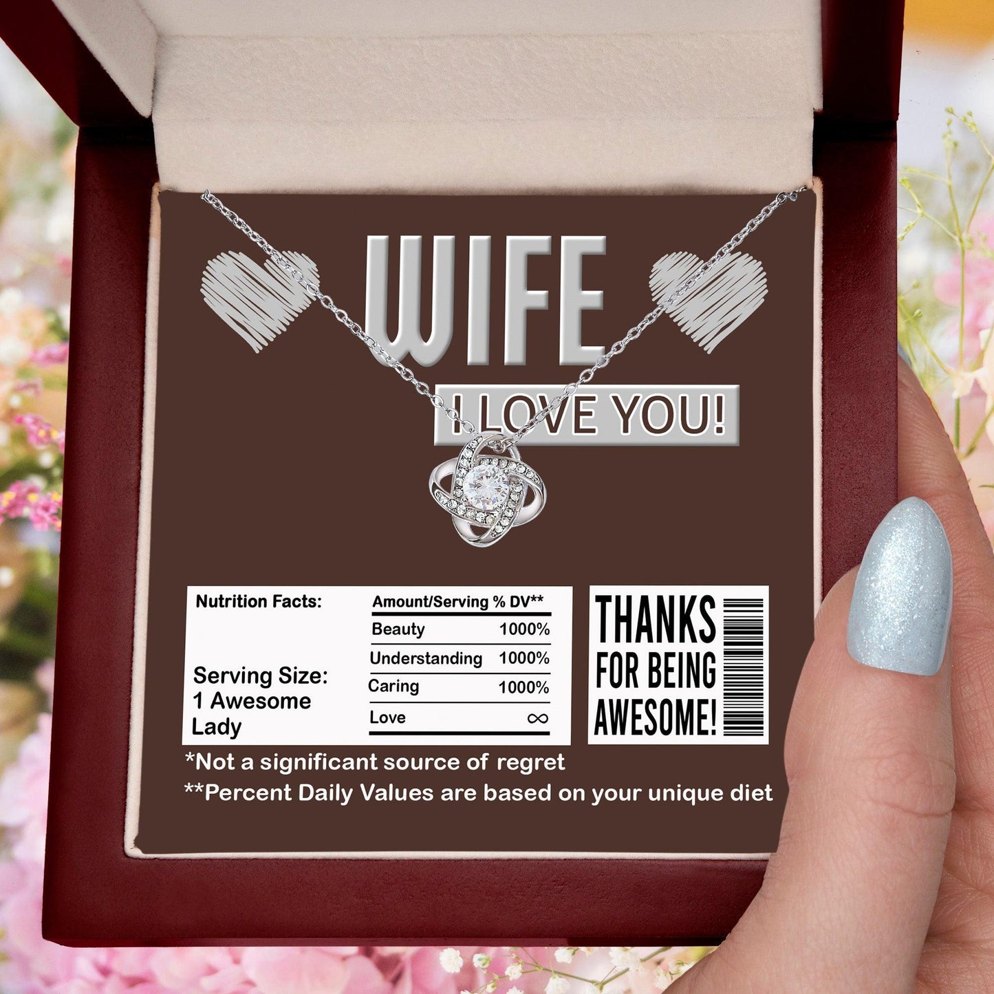 Gift for Wife - Nutrition Facts Love Knot Pendant Necklace - Mallard Moon Gift Shop