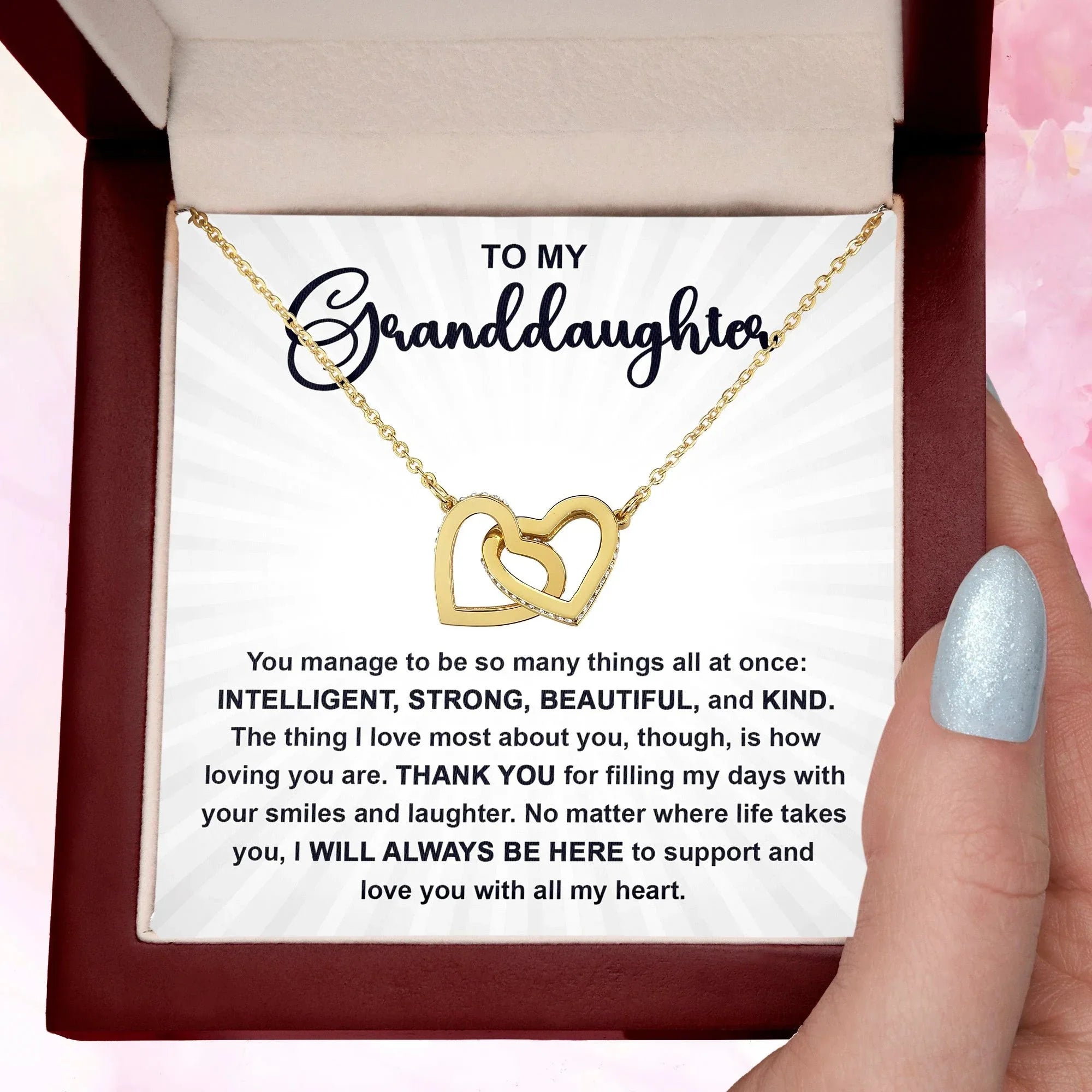 To My Granddaughter Interlocking Hearts Necklace – Intelligent, Strong, Beautiful & Kind Message Card | Heartfelt Gift