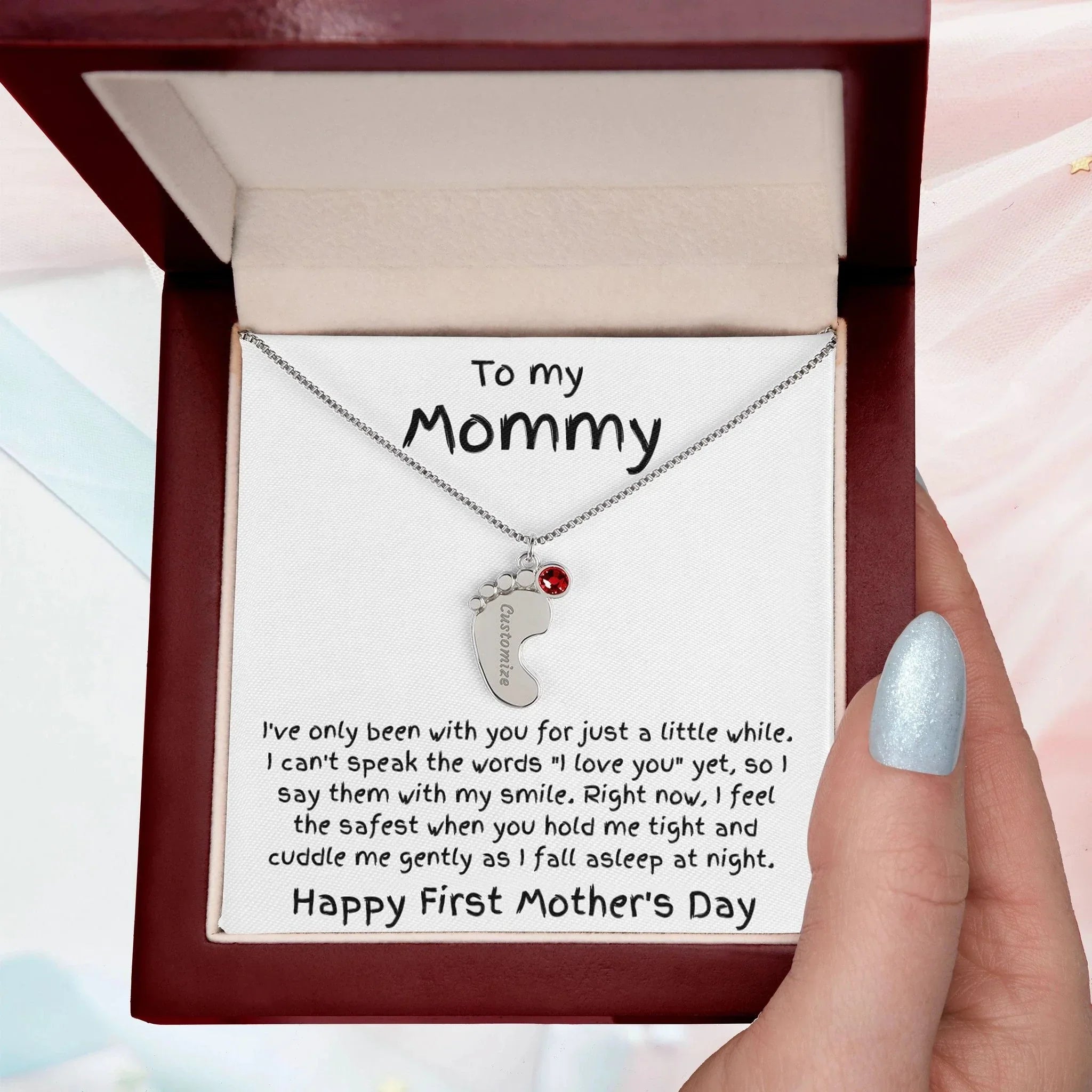 New Mom First Mother's Day Gift Baby Feet Engraved Charm Necklace with Birthstone