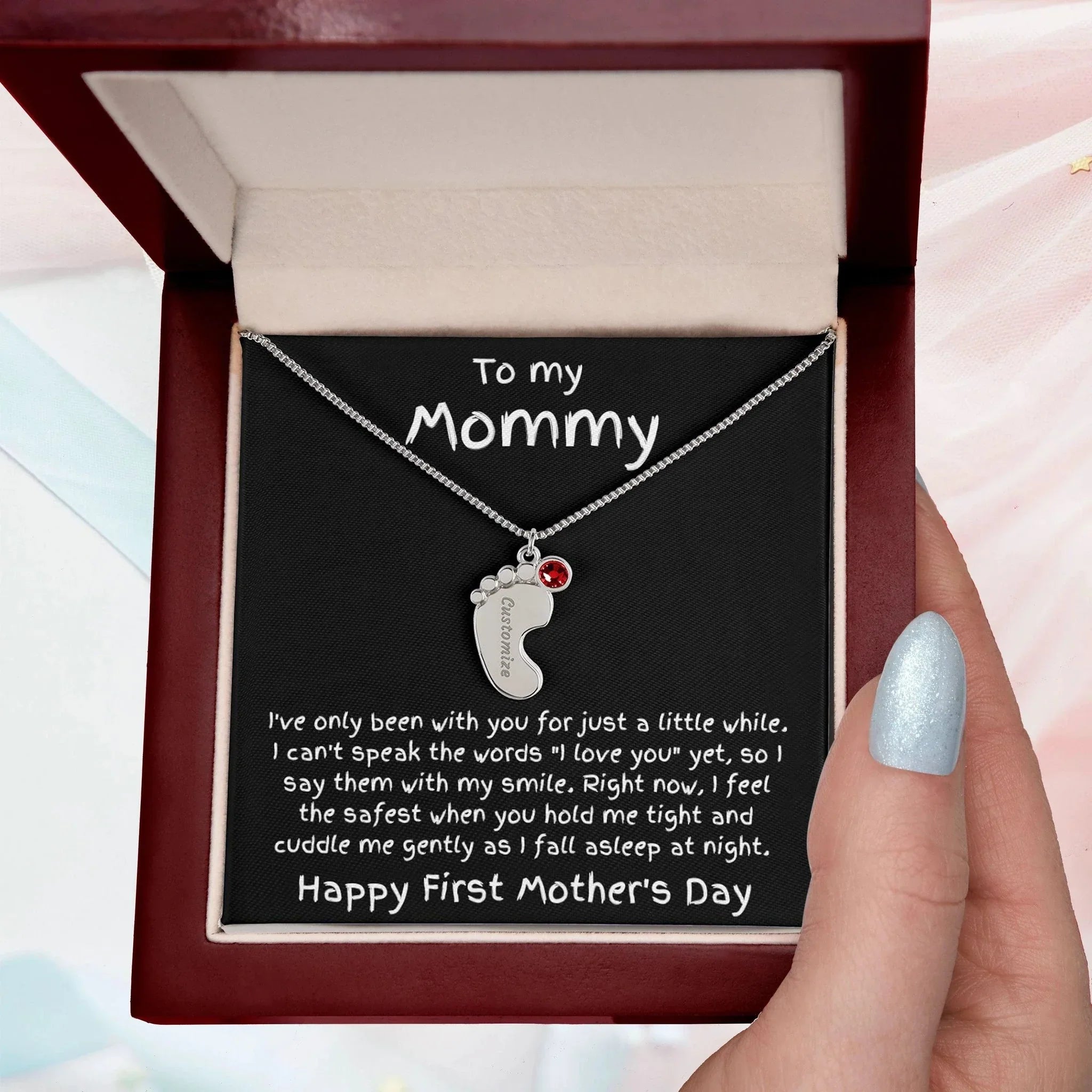 New Mom First Mother's Day Gift Engraved Baby Feet Birthstone Charm Necklace
