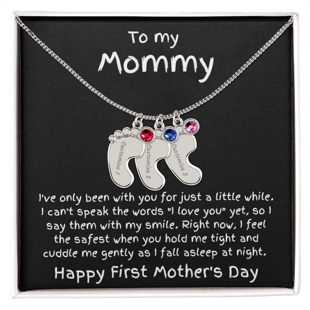 New Mom First Mother's Day Gift Engraved Baby Feet Birthstone Charm Necklace