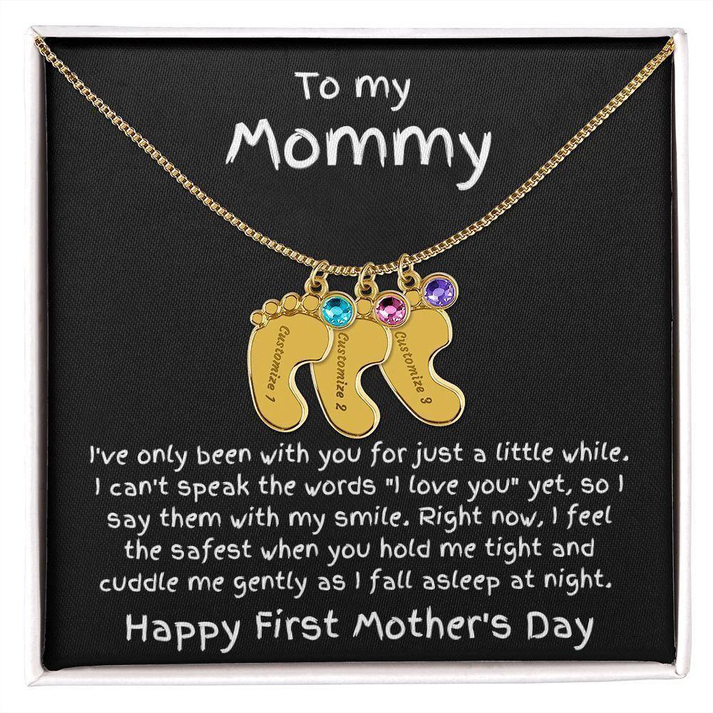 New Mom First Mother's Day Gift Engraved Baby Feet Birthstone Charm Necklace